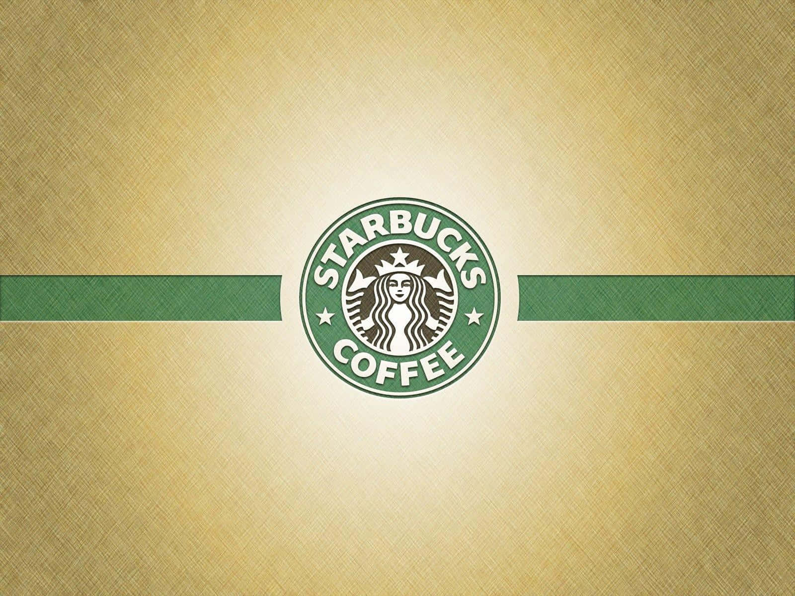 Starbucks 咖啡標誌，金色紋理背景配綠色條紋。