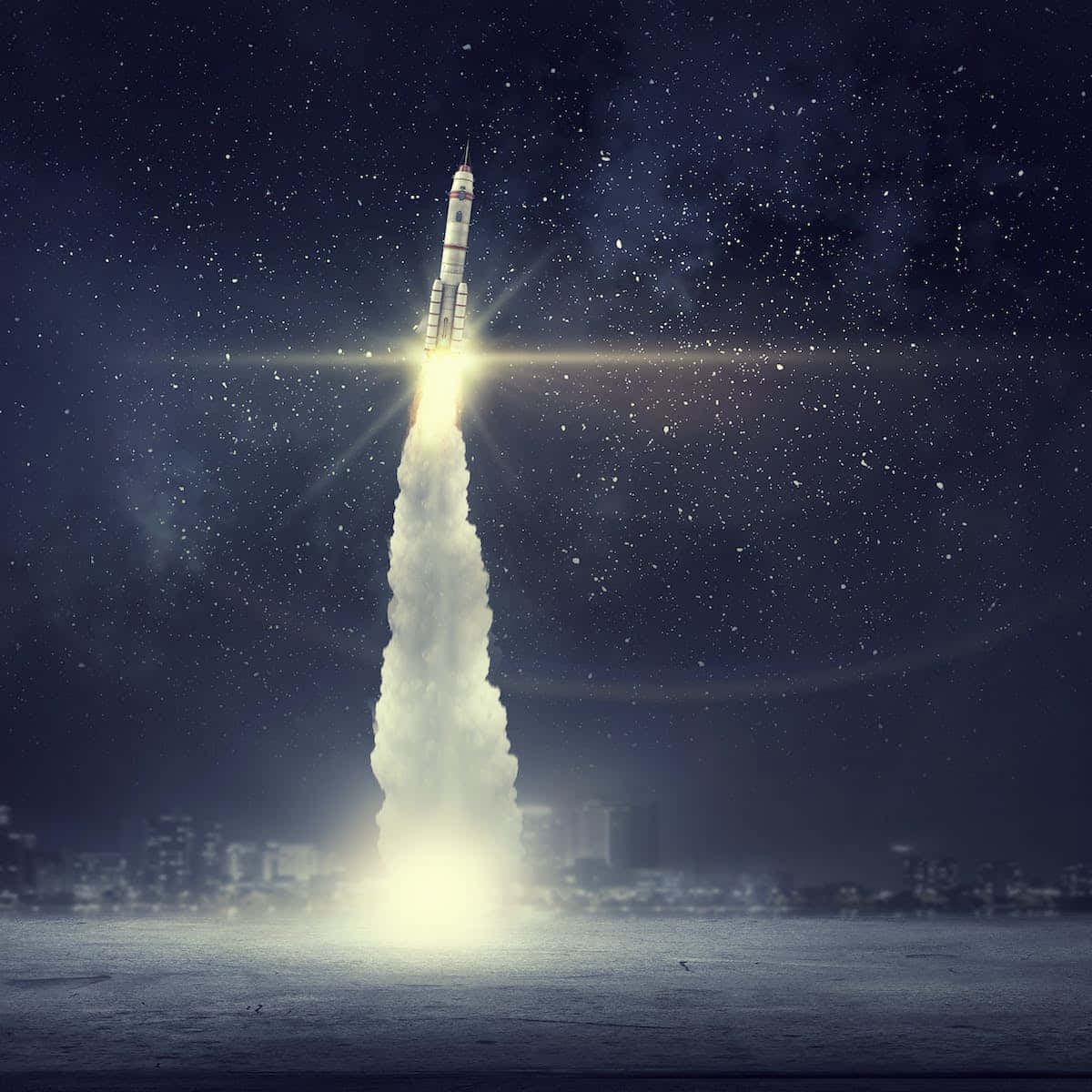 火箭在星空下發射，越過城市，留下明亮的火痕。