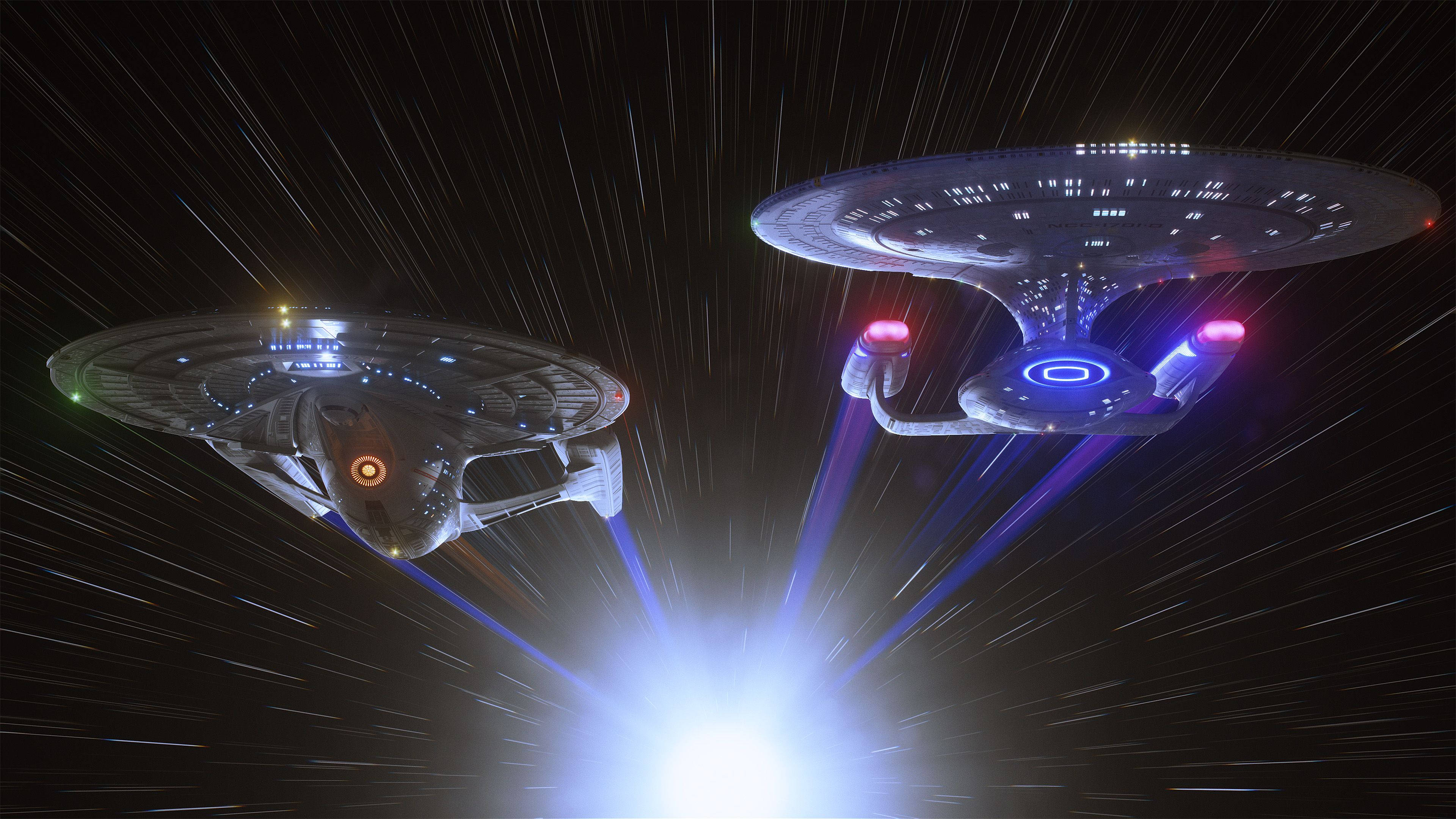 與星際爭霸隊一同探索未知 壁紙 — 兩艘星際艦隊的飛船在星空中疾馳，引擎發光，曲速軌跡劃破宇宙黑暗。