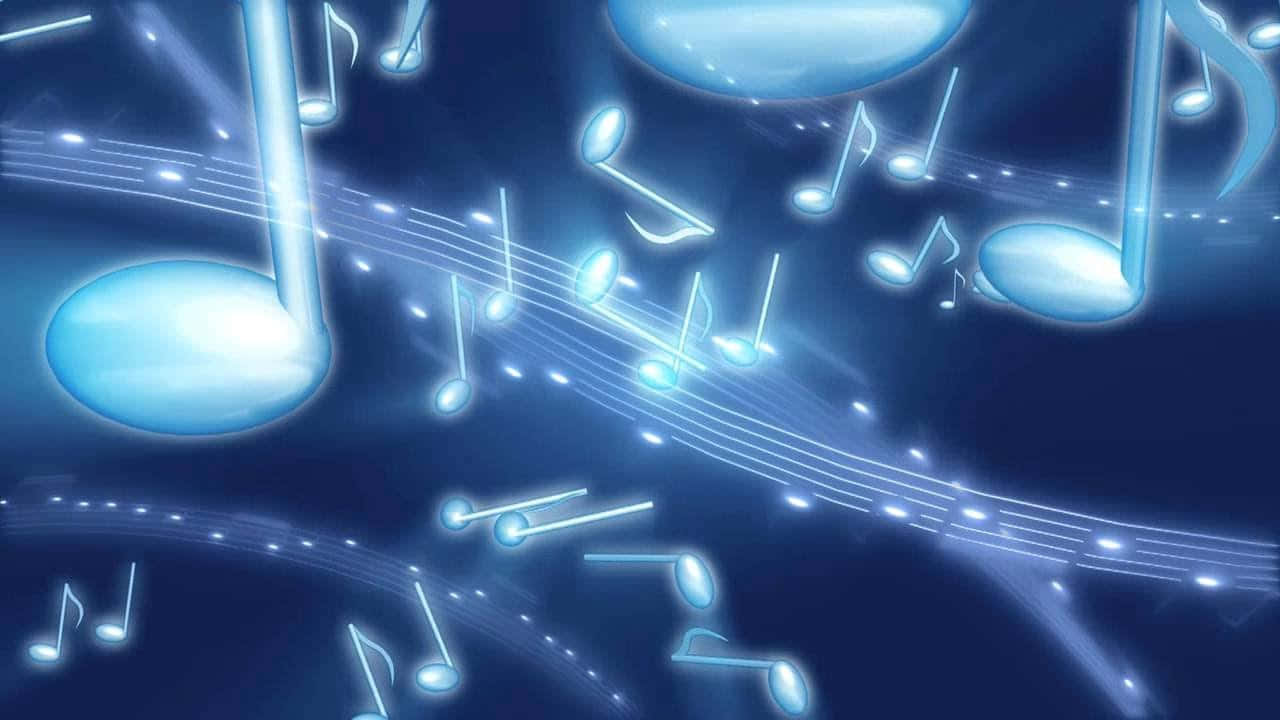 發光的藍色音符和五線譜在深藍色空間中漂浮。