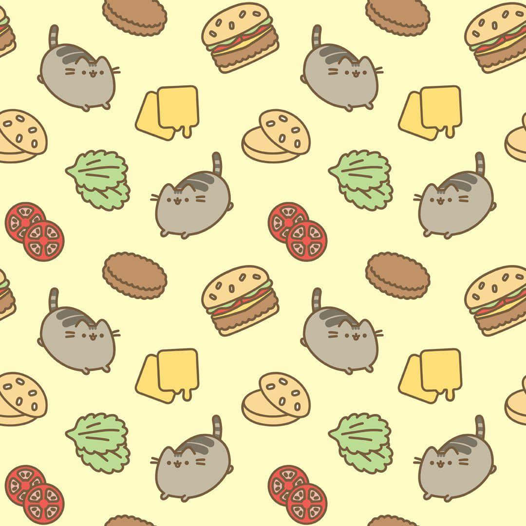 Pusheen 貓和食物在淡黃色背景上重複出現的圖案。