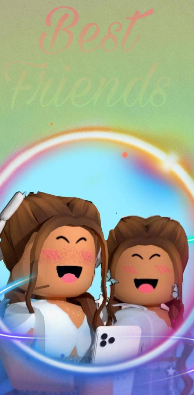 兩個微笑的Roblox朋友在彩虹圈內拿著手機。