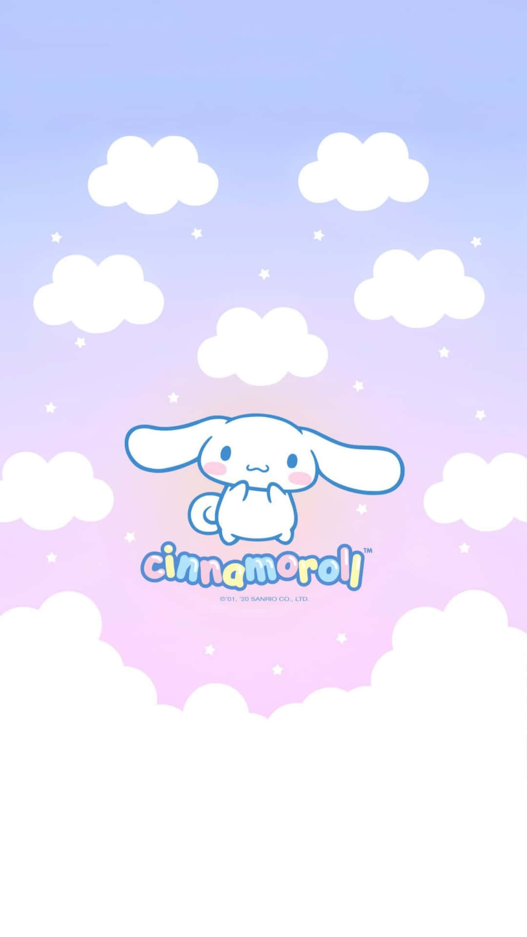 Cinnamoroll 角色喺有星星嘅粉彩天空雲層中漂浮。