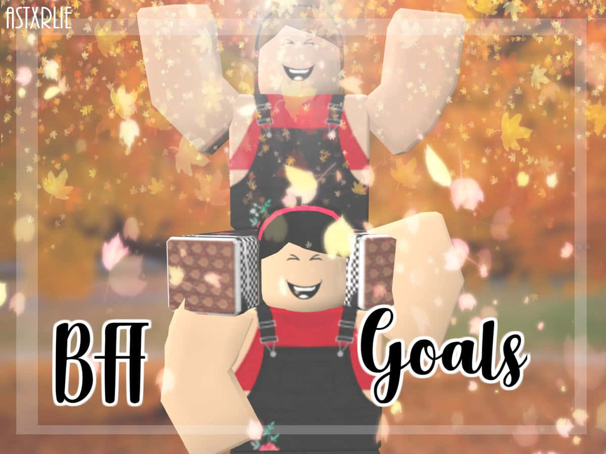 與最好的朋友在Roblox上玩得開心！ 壁紙 — 兩個微笑的 Roblox 角色穿著秋季主題服裝，在金色樹葉背景前手持朱古力棒，並帶有 'BA Goals' 文字。