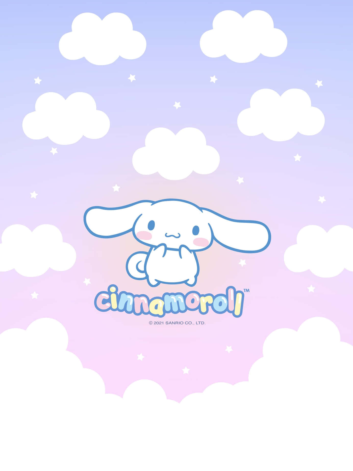 Cinnamoroll 在粉彩天空中漂浮於雲朵和星星之間。
