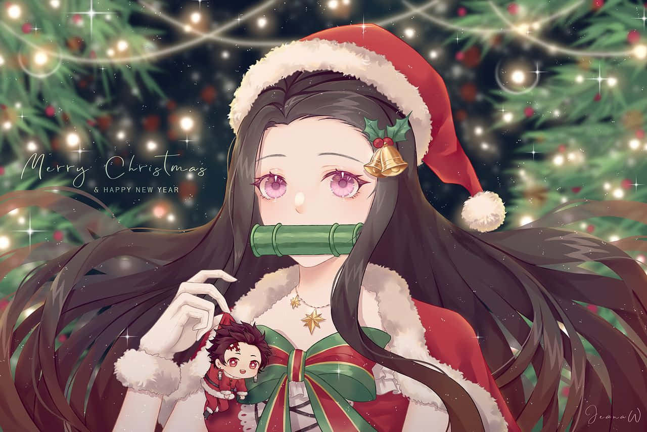 與最愛的動漫角色一起慶祝聖誕節 壁紙 — 動畫女孩穿著節日聖誕老人服裝，手持竹笛和小娃娃，背景是閃爍的聖誕樹。