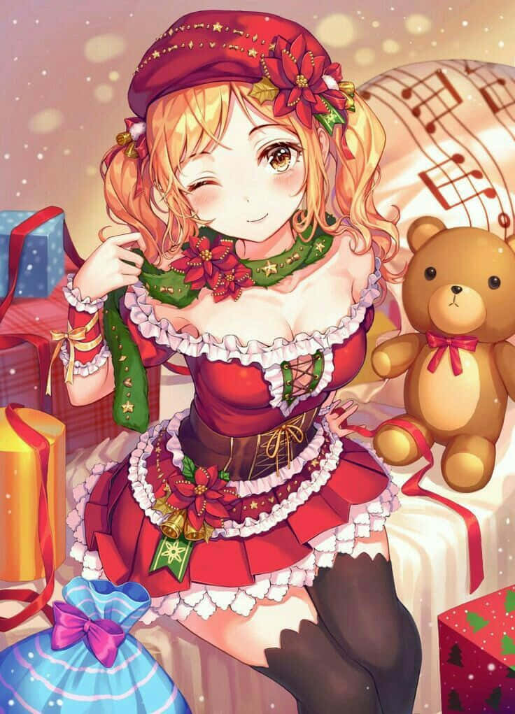 與最愛的動漫角色一起慶祝聖誕節！ 壁紙 — 一個開心的動漫女孩穿著節日紅色聖誕服裝，在禮物和泰迪熊的包圍下微笑。