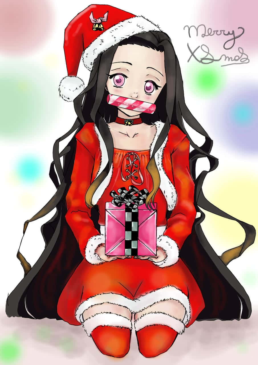 與最愛的動漫角色一起散播聖誕歡樂 壁紙 — 一個可愛的動漫女孩穿著紅色聖誕老人服裝，手持粉紅色禮物盒，嘴裡含著拐杖糖塞口物，戴著節日帽子。