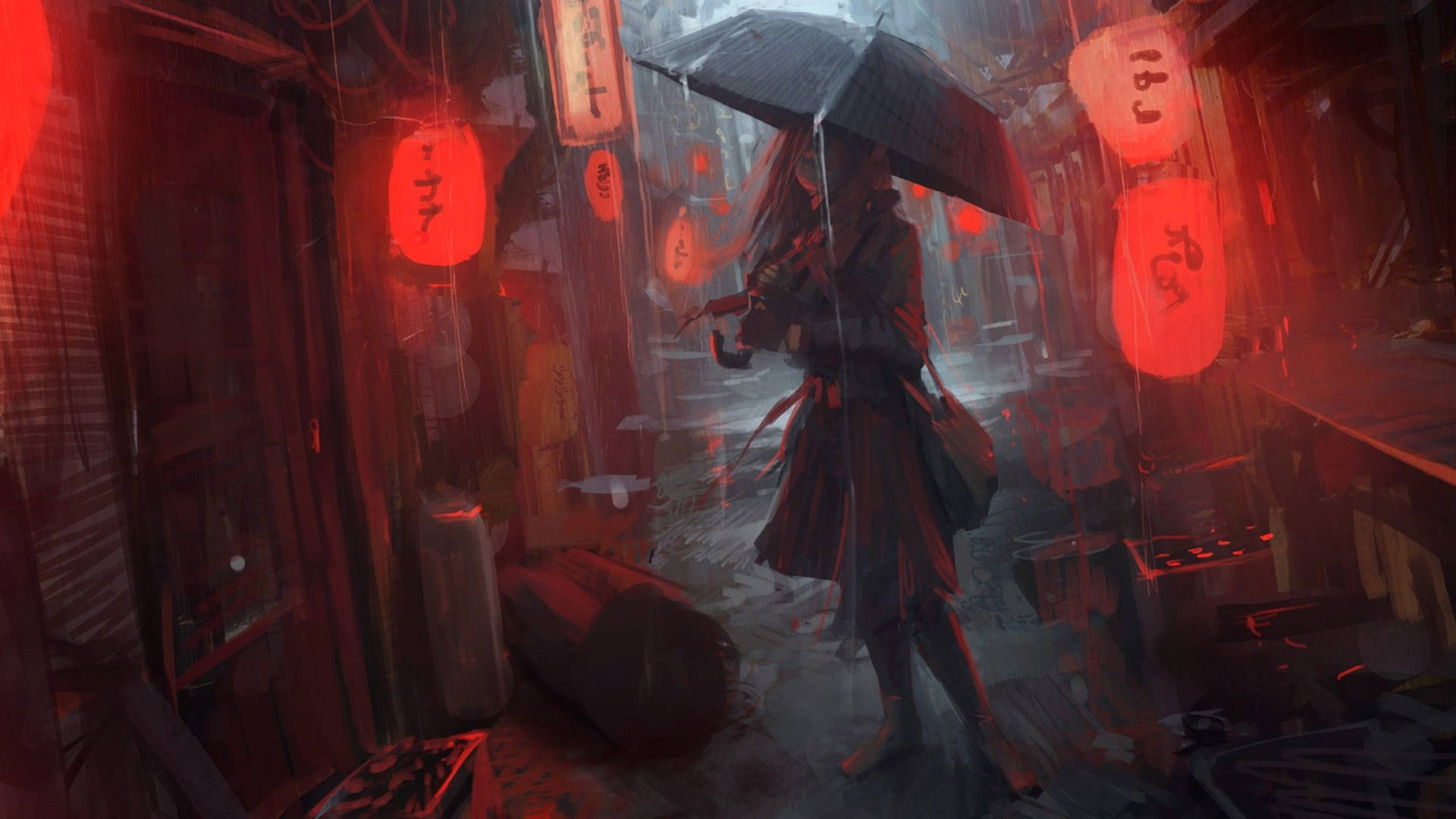 一個長髮的人撐著雨傘，在紅色燈籠照亮的雨中小巷裡行走。