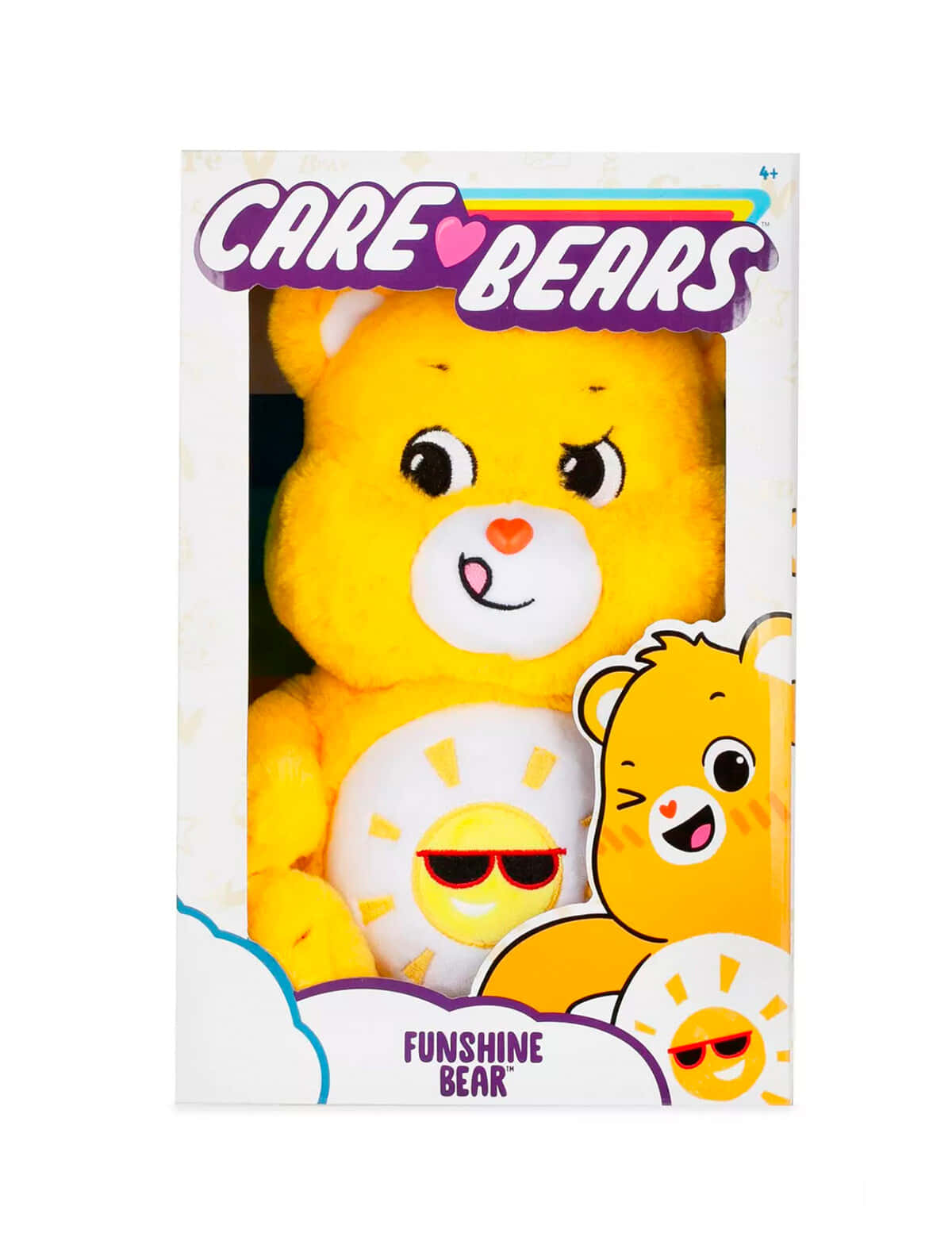 黃色毛絨Funshine Bear玩具，戴太陽眼鏡，在Care Bears包裝中。