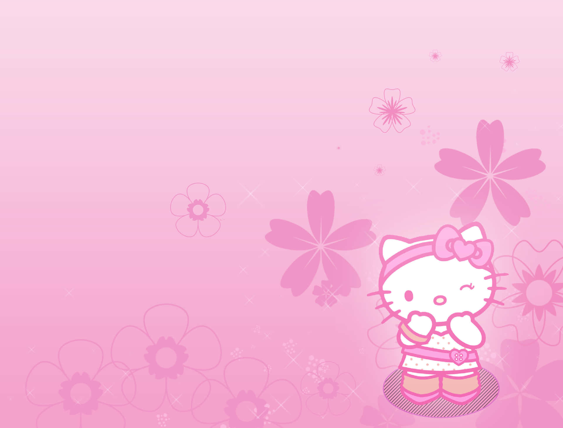 Hello Kitty 角色被粉紅色花朵和閃光包圍在漸變背景上。