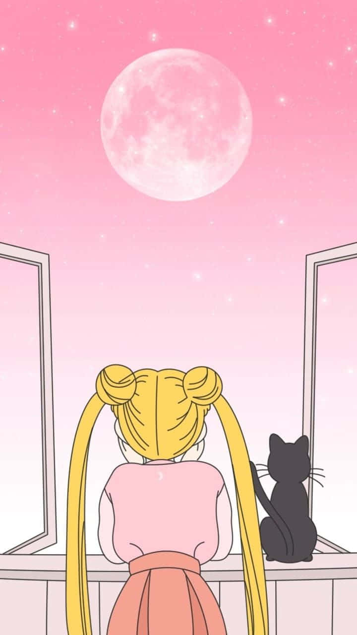 雙馬尾動漫女孩和黑貓看著帶有大月亮的粉紅色天空。
