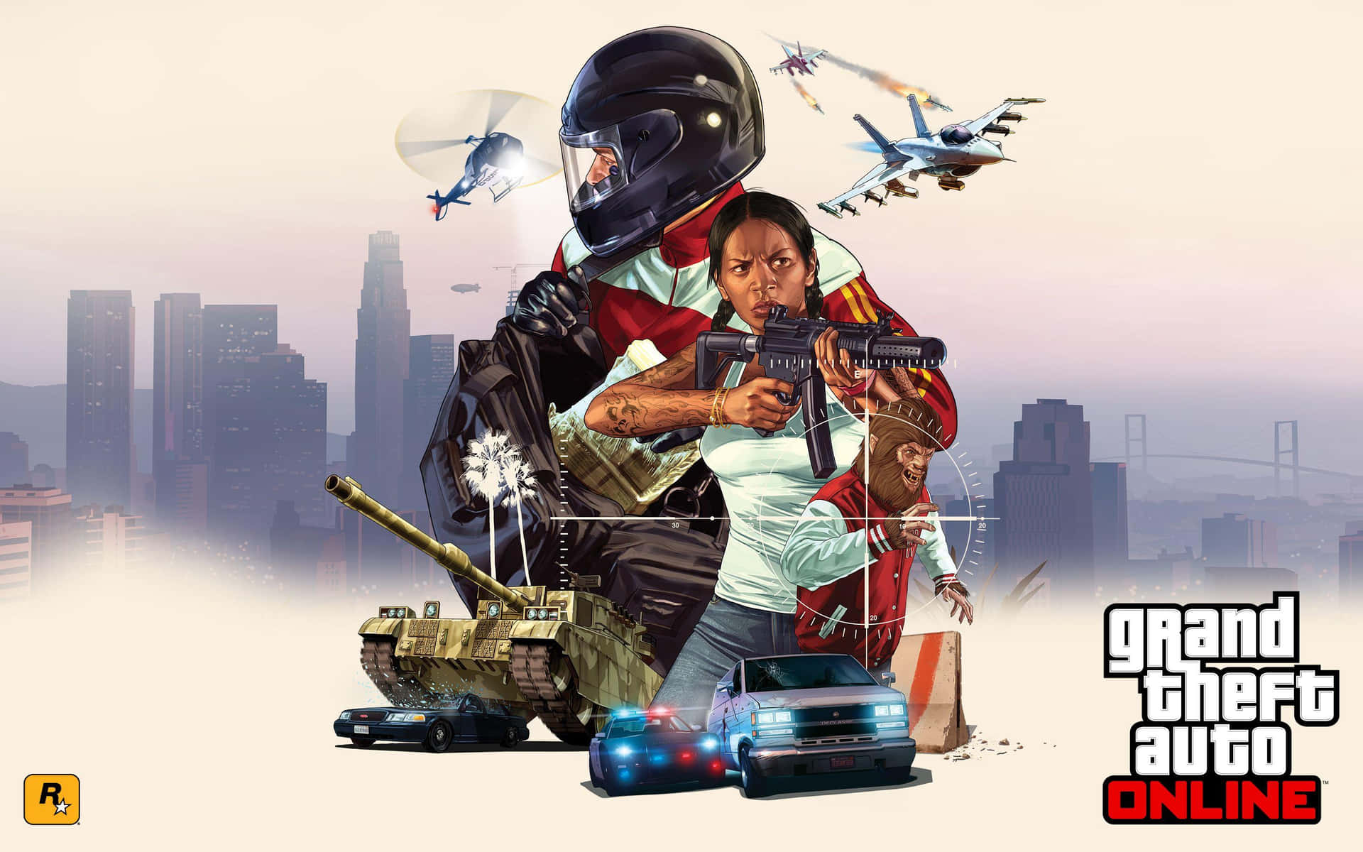 GTA Online角色在混亂的城市場景中手持武器和車輛。