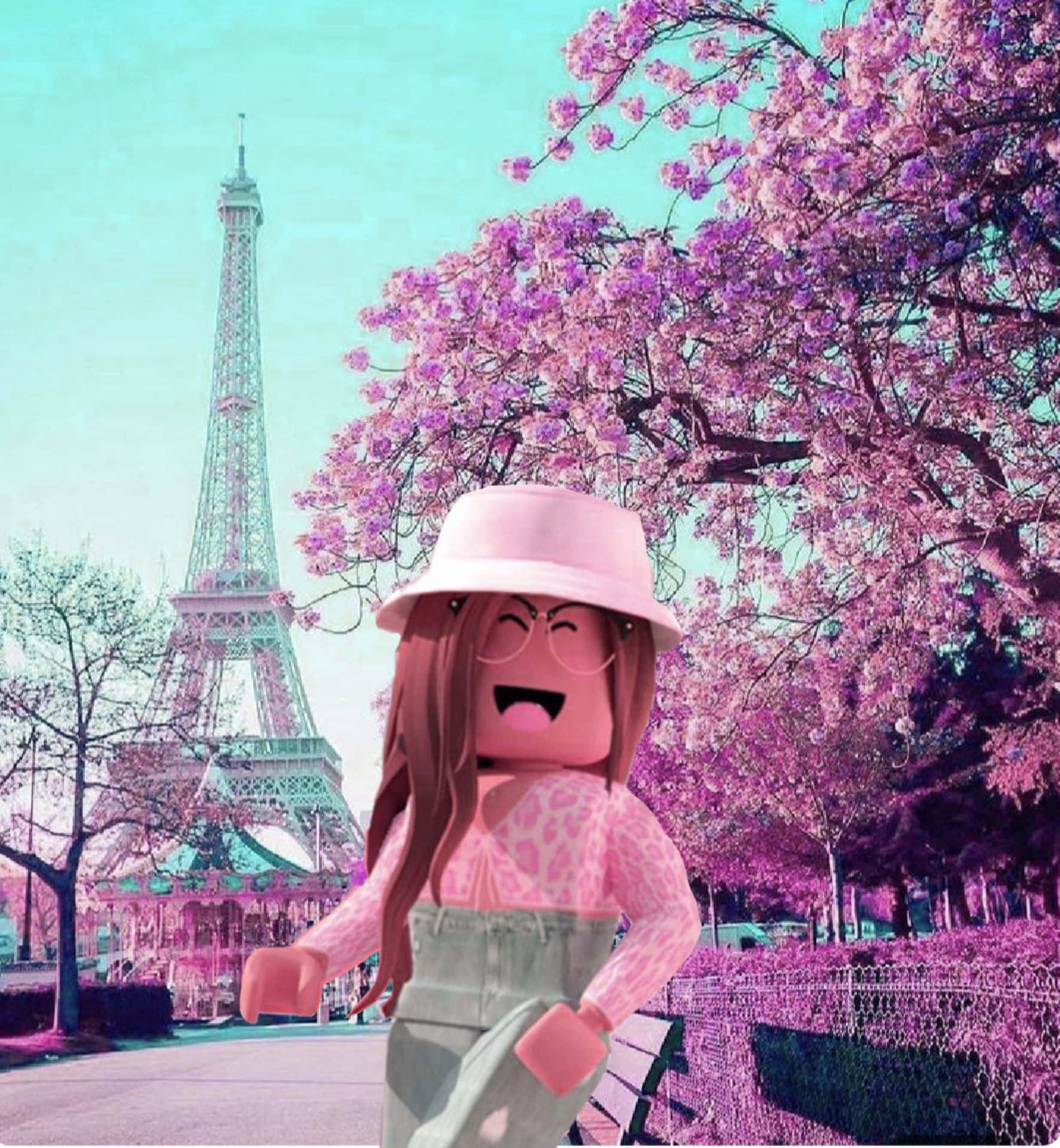 Roblox角色在艾菲爾鐵塔附近的粉紅色櫻花下微笑。