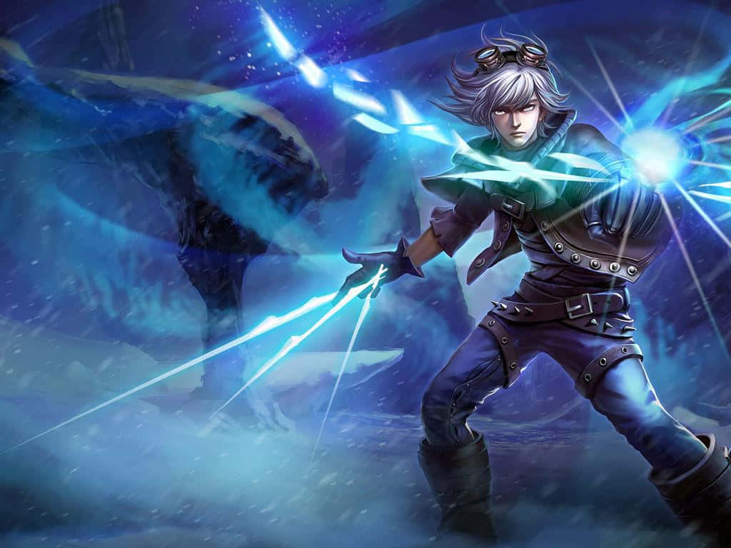 與朋友並肩作戰《Mobile Legends》 壁紙 — 一位銀髮戰士身穿暗色盔甲，在風暴般的藍色虛空中，向一頭陰影野獸釋放發光的藍色能量刃。