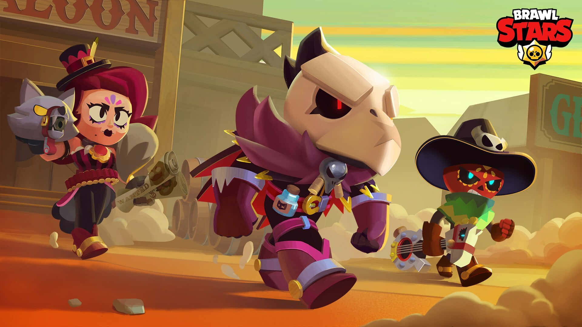 三個動畫角色在遊戲 Brawl Stars 的西部小鎮奔跑。