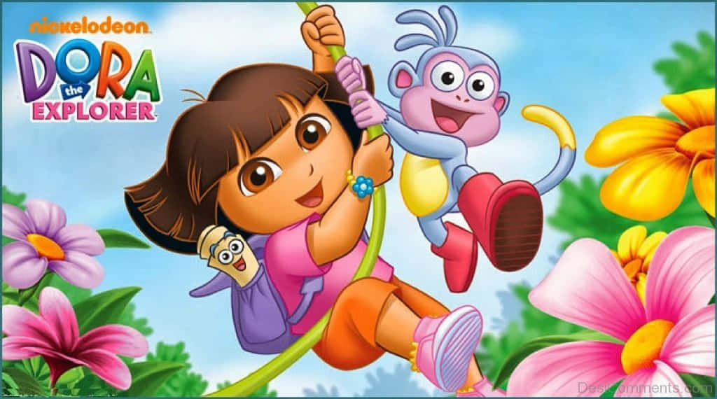 Dora the Explorer 和她的猴子朋友 Boots 在一個有花朵的叢林中盪來盪去。