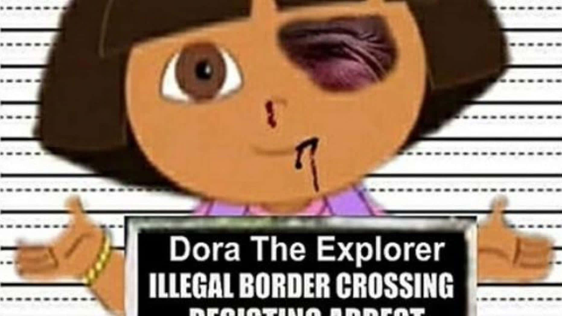 Dora the Explorer 喺卡通 mugshot 入面帶住黑眼圈同流血嘅鼻，舉住一個牌。