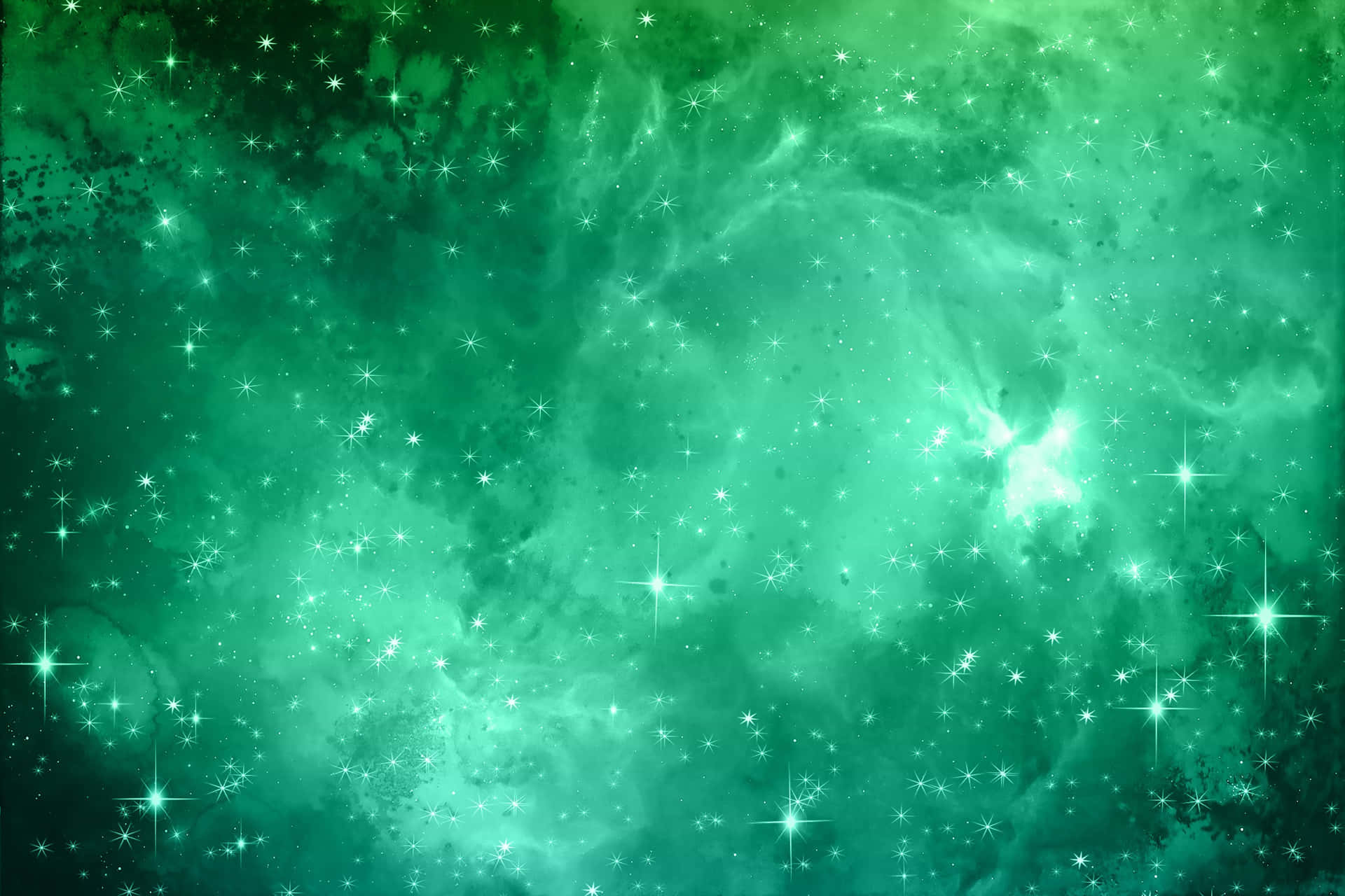 深空中帶有閃爍星星的發光綠色星雲。