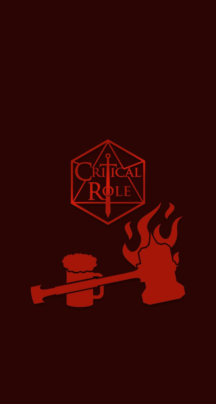 Critical Role標誌，帶有啤酒杯和火焰斧頭，紅色，深色背景。