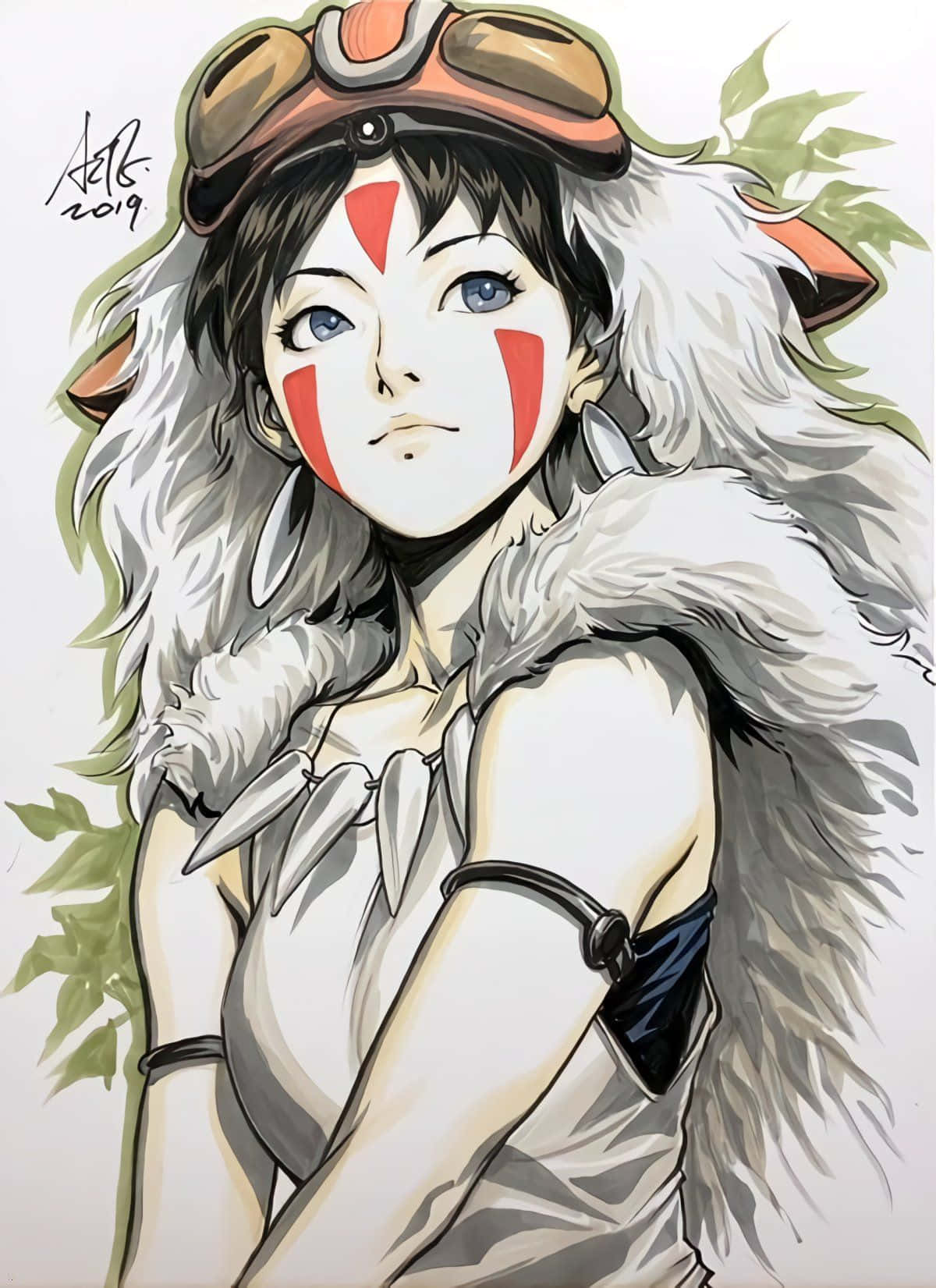 藍眼睛和紅色臉部彩繪的動漫女孩，戴著護目鏡和毛皮服裝。