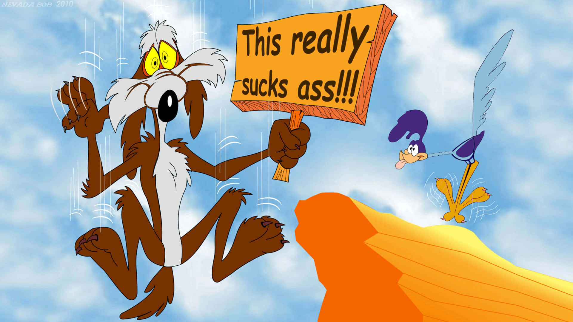 「與樂園卡通一起調校」 壁紙 — Wile E. Coyote 舉著一個寫著「這真的很爛!!!」的牌子，在雨中墜落，而Road Runner在遠處大笑。