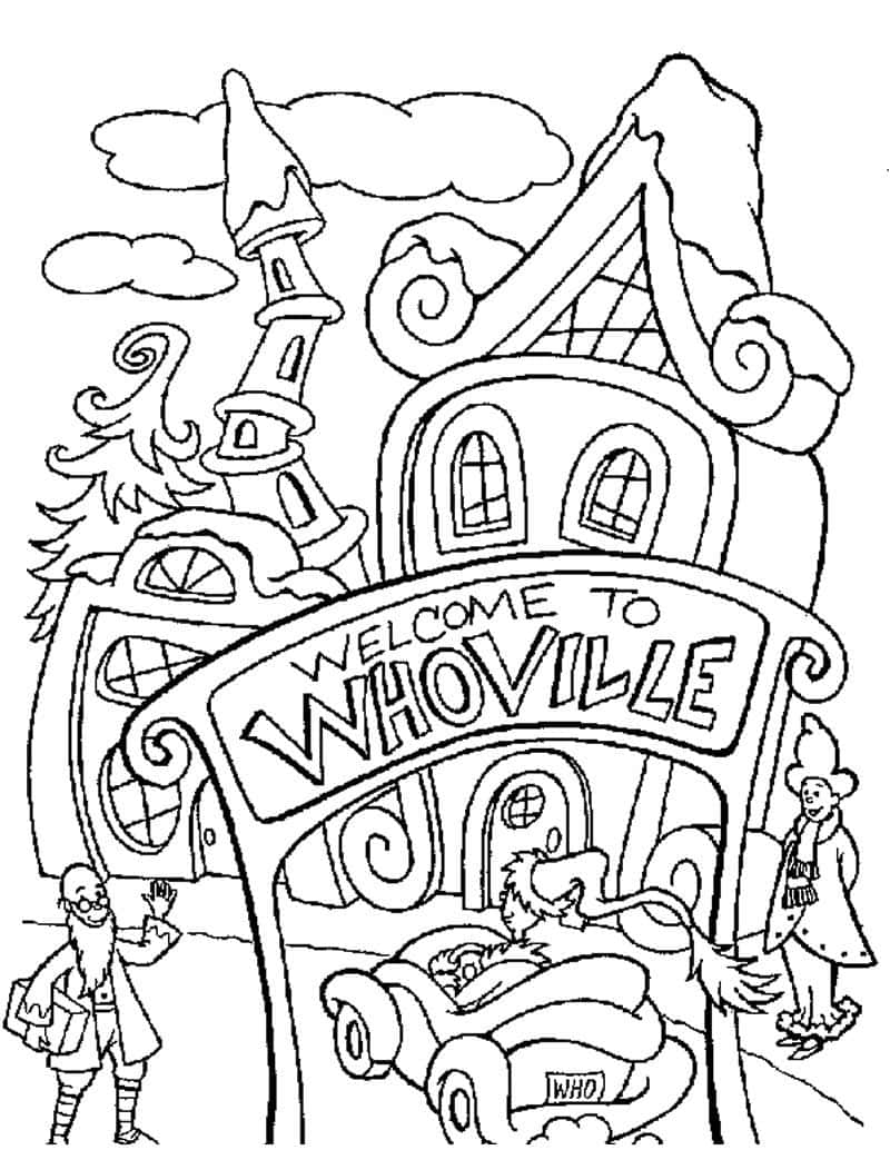 Whoville 歡迎標牌，車中的格林奇和古怪建築