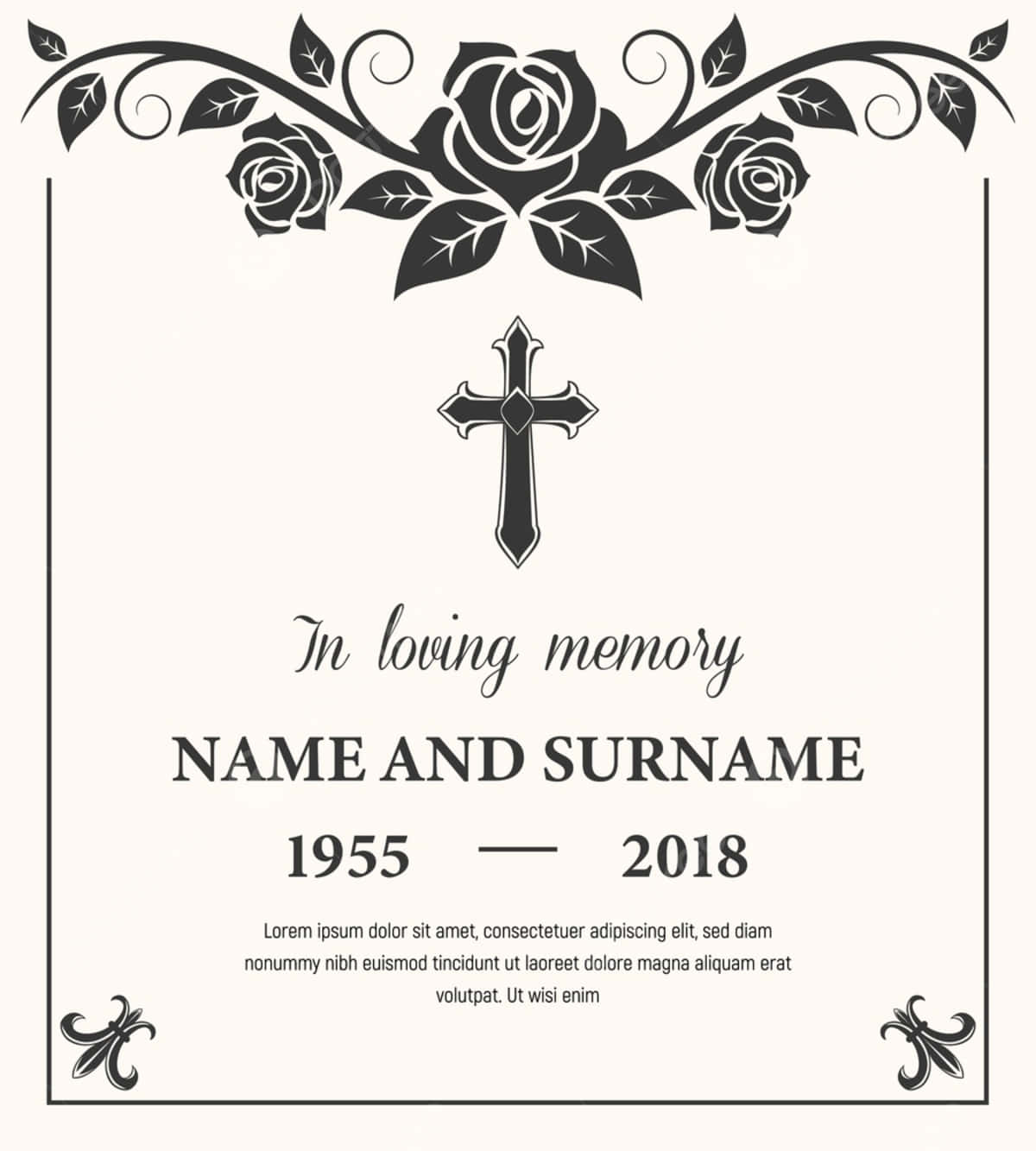 與死亡共舞 壁紙 — 優雅的黑白紀念牌，帶有玫瑰、十字架和文字，紀念從1955年到2018年的一生。