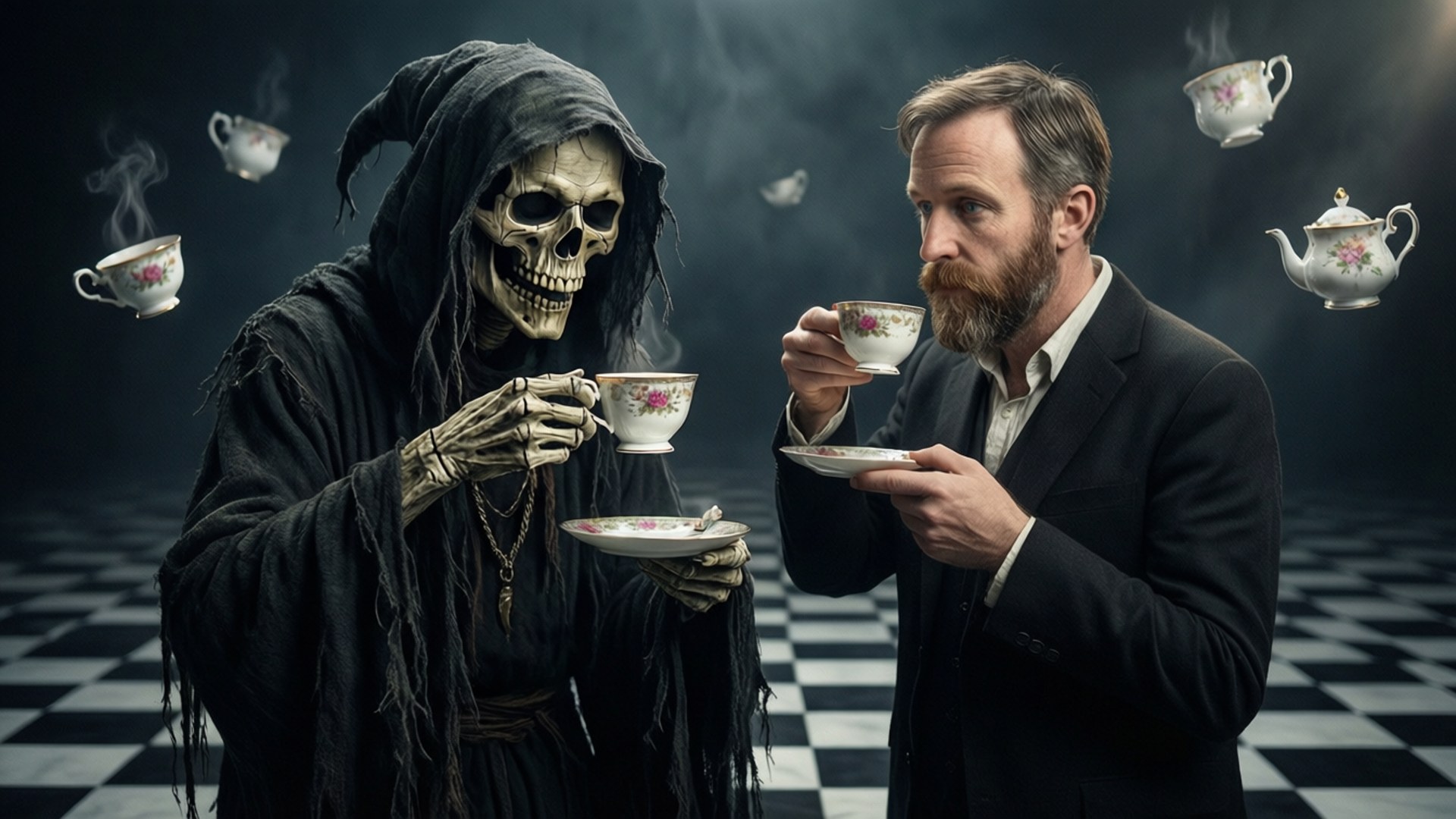 死神和鬍鬚男在棋盤格地板上與漂浮的茶壺一起分享茶。