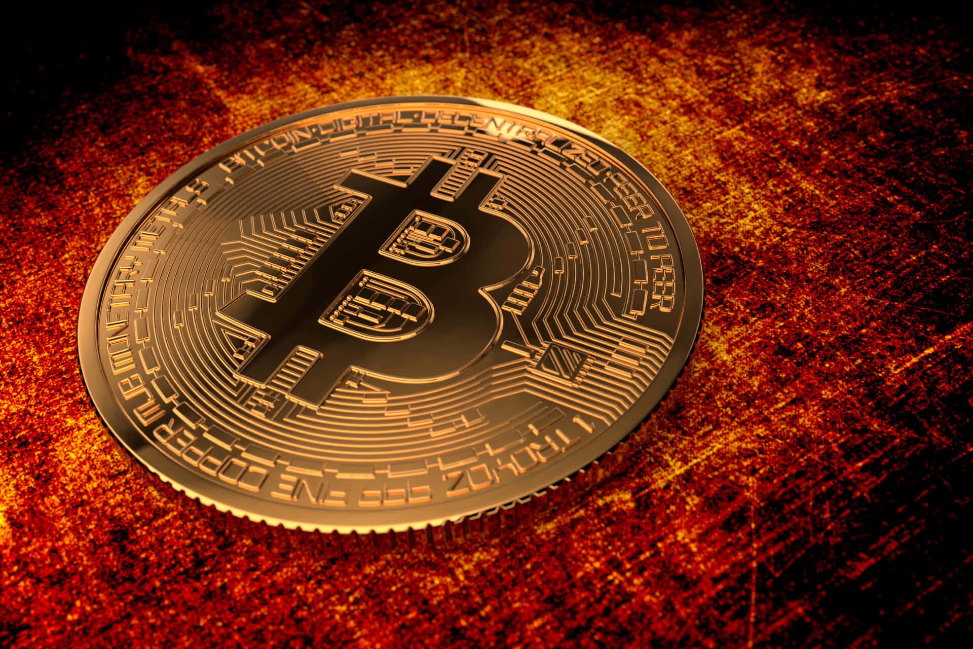一枚金色比特幣硬幣放在熾熱紋理背景上。