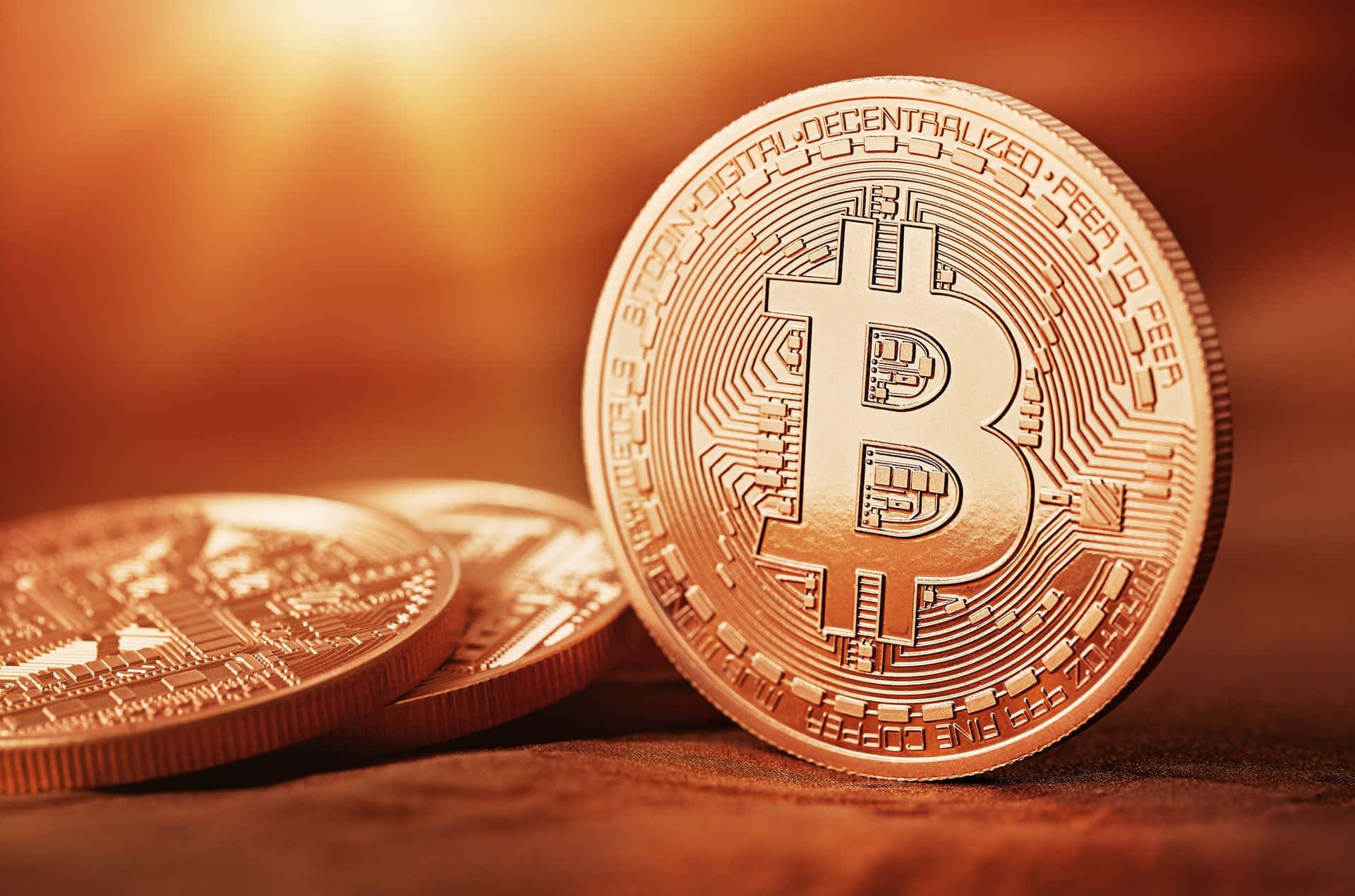 與比特幣共創閃亮未來 壁紙 — 金色比特幣在溫暖陽光下閃爍，表面刻有電路設計。