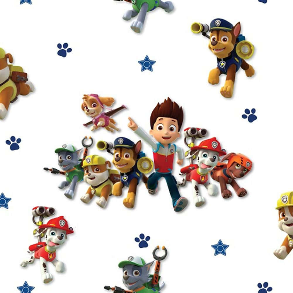 Paw Patrol 角色和Ryder在白色背景上漂浮，帶有藍色爪印和星星。