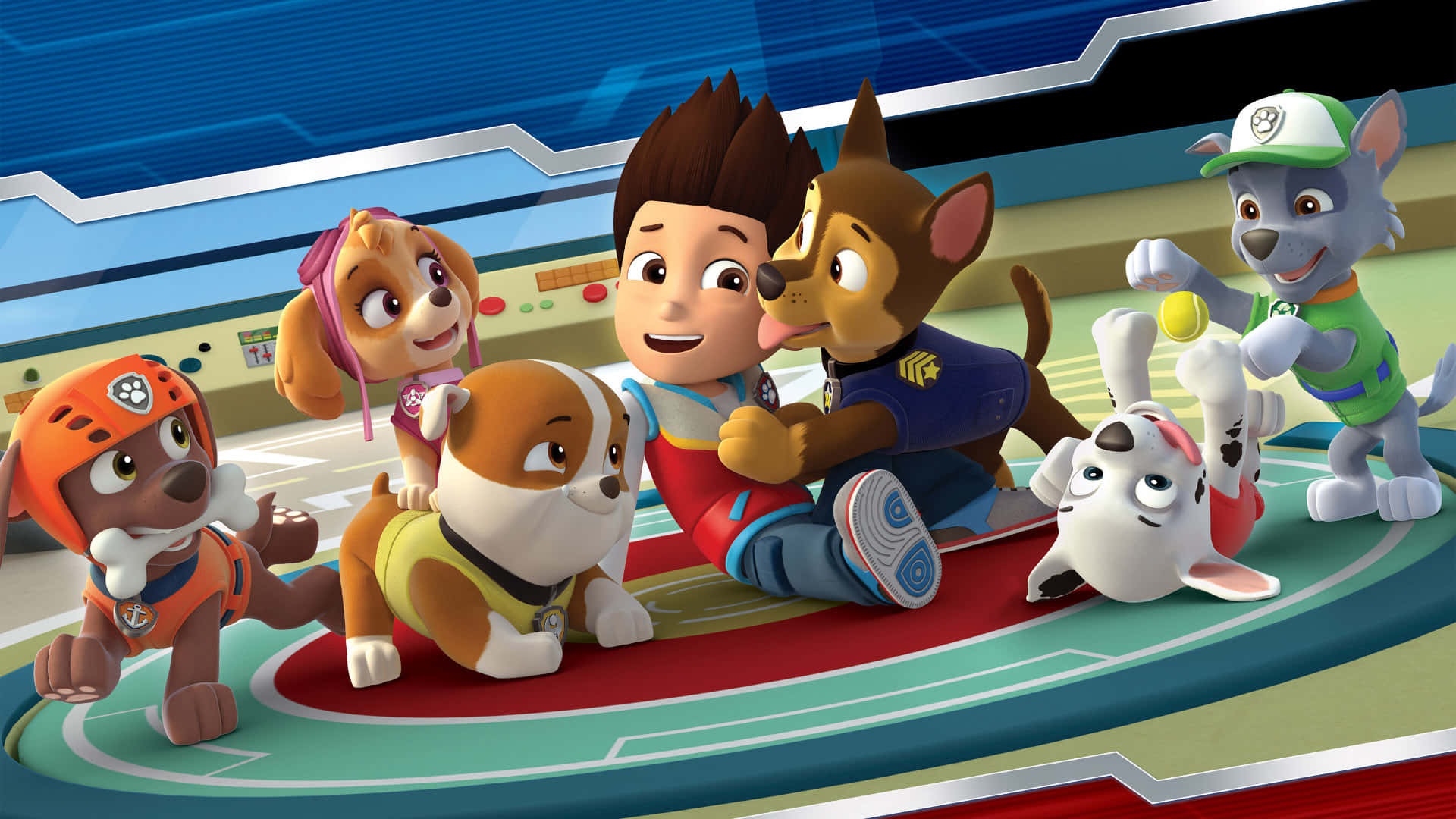 Paw Patrol 團隊在高科技指揮中心一起玩耍。