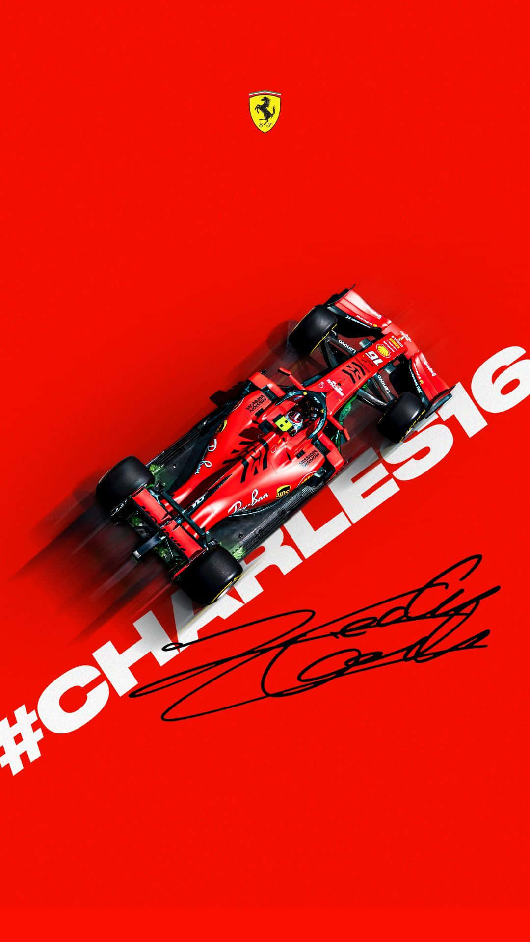紅色法拉利F1賽車，紅色背景上帶有「#CHARLES16」和簽名。