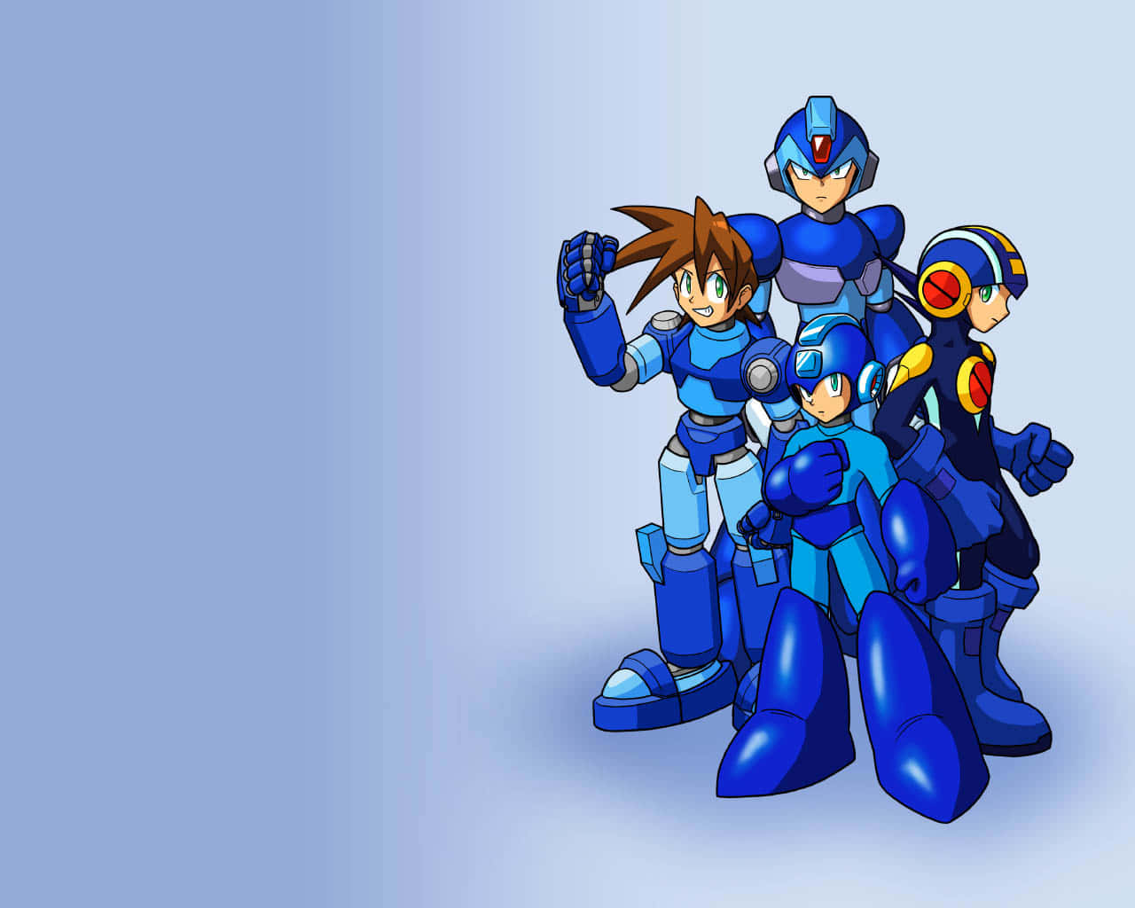 四個穿著藍色裝甲的Mega Man角色英勇地擺姿勢。