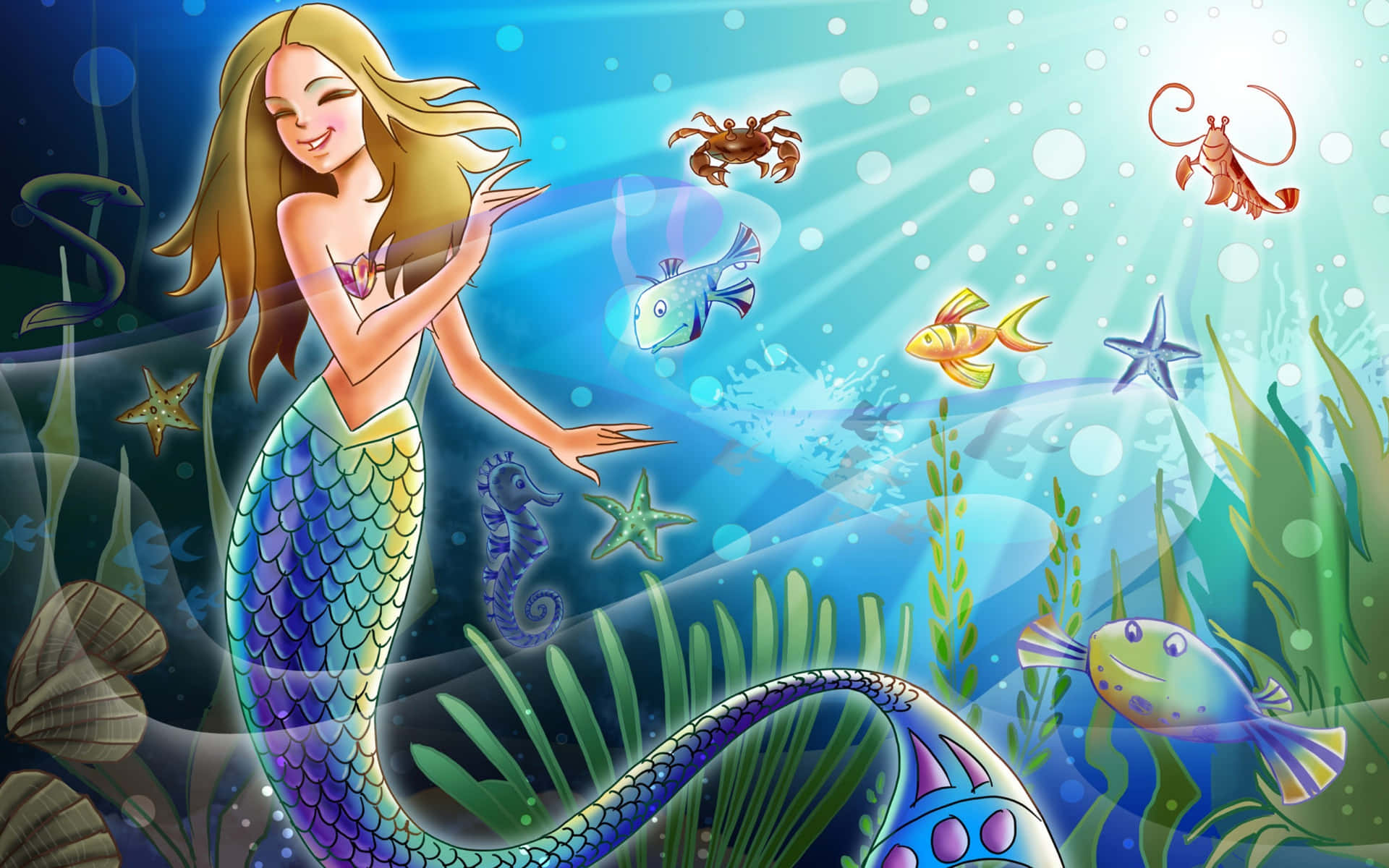 一位快樂的美人魚，長髮和鱗片尾巴，在陽光照耀的海洋中與魚類和海星一起游泳。