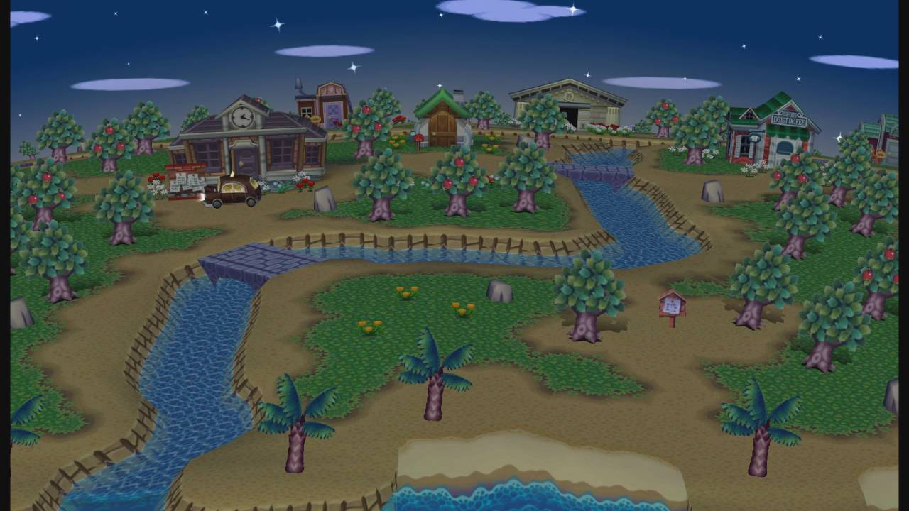 星空下，一個有房屋、樹木和河流的卡通村莊夜景。