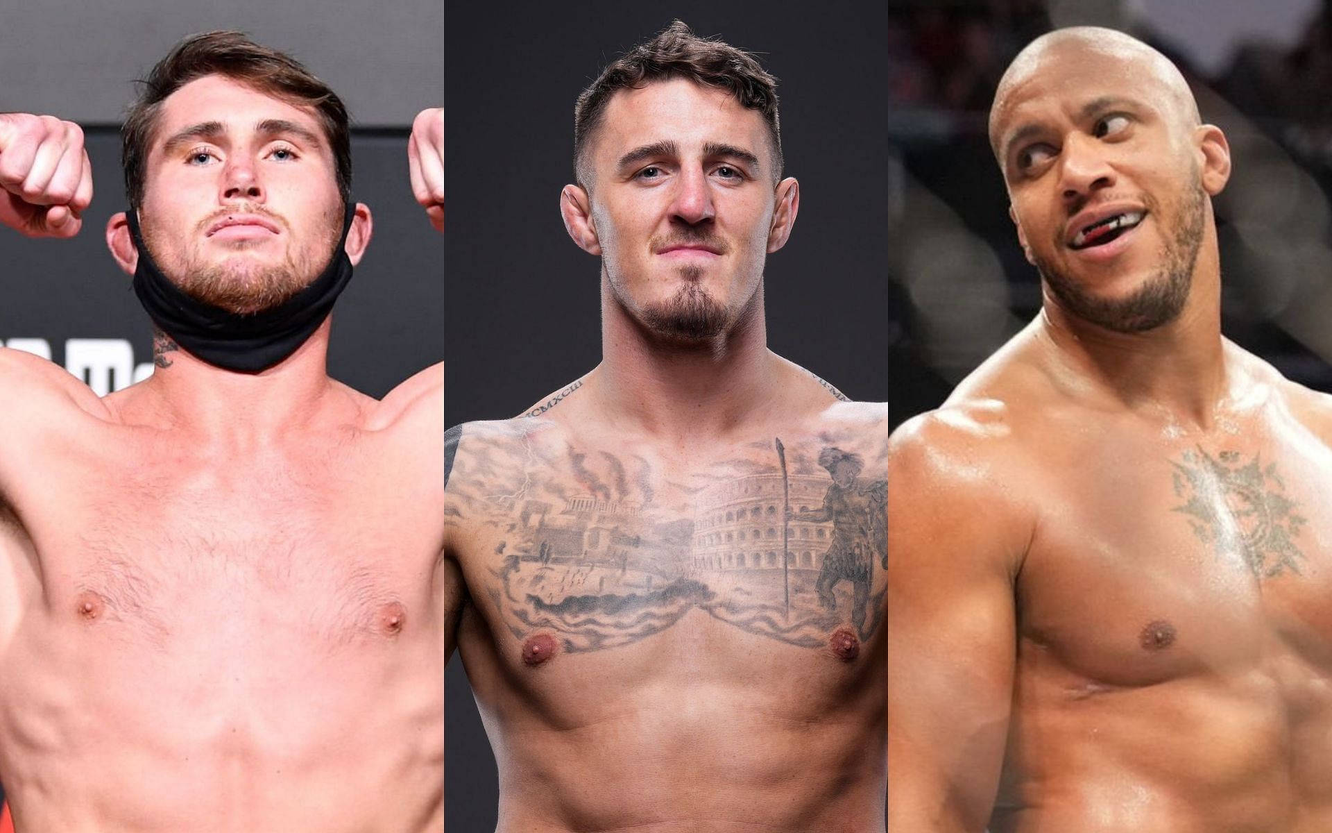 與湯姆·阿斯平諾同場的UFC重量級選手 壁紙 — 三位肌肉發達的男性戰士赤裸上身，在深色背景下擺出強烈表情，露出可見的紋身。