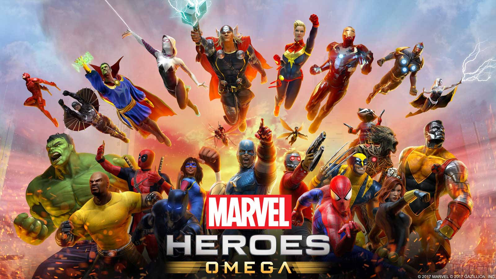 Marvel Heroes Omega 遊戲封面，展示多元化的超級英雄與反派團隊以動態姿勢呈現。