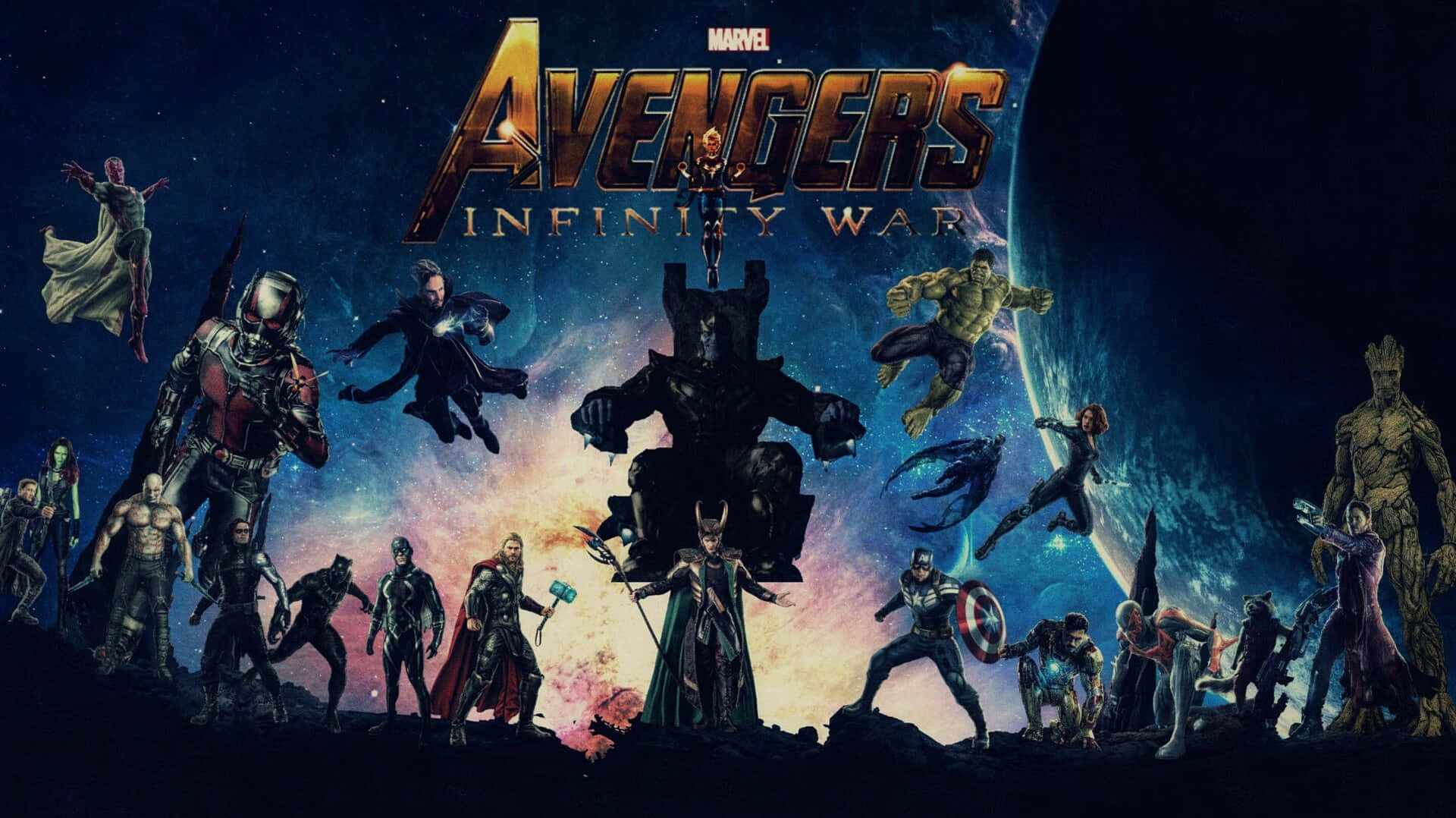 Marvel 復仇者聯盟3：無限之戰電影海報，英雄與反派在太空戰鬥。