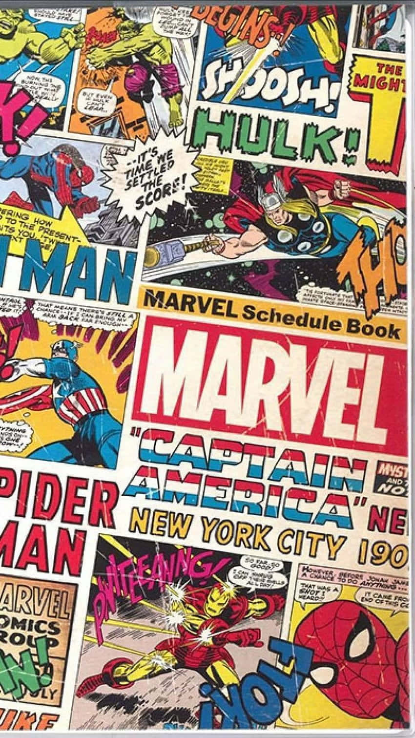 Marvel漫畫封面拼貼畫，超級英雄以動作姿勢呈現。