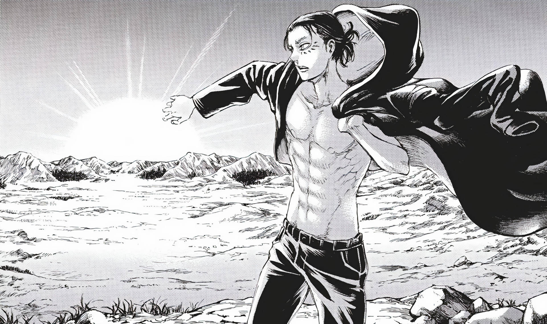 動漫男人穿著連帽斗篷在山區地形中向太陽伸手。