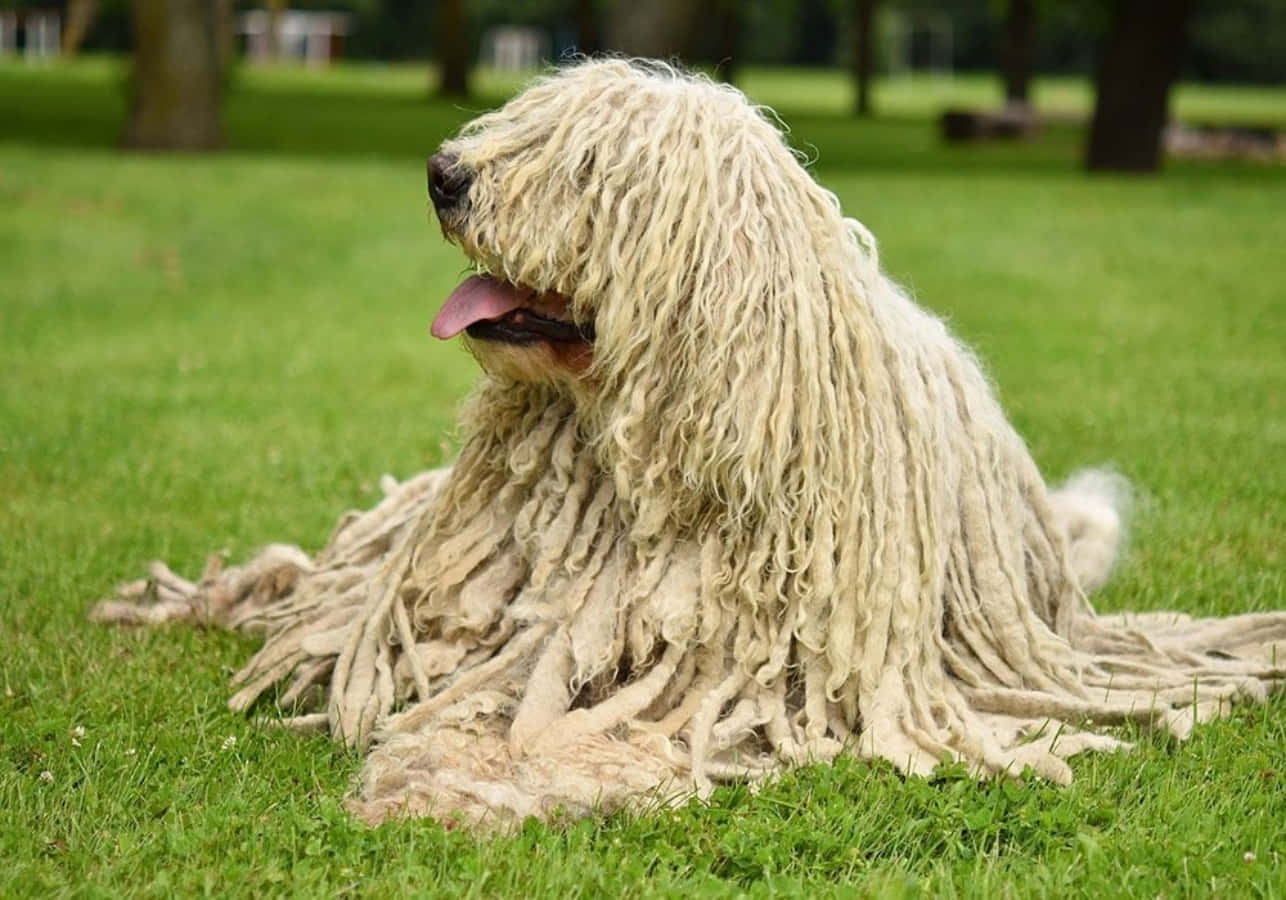 與澳洲牧羊犬一起玩樂 壁紙 — 一隻擁有厚實白色繩狀毛髮的可蒙犬，在公園裡鮮綠的草地上放鬆地坐著。