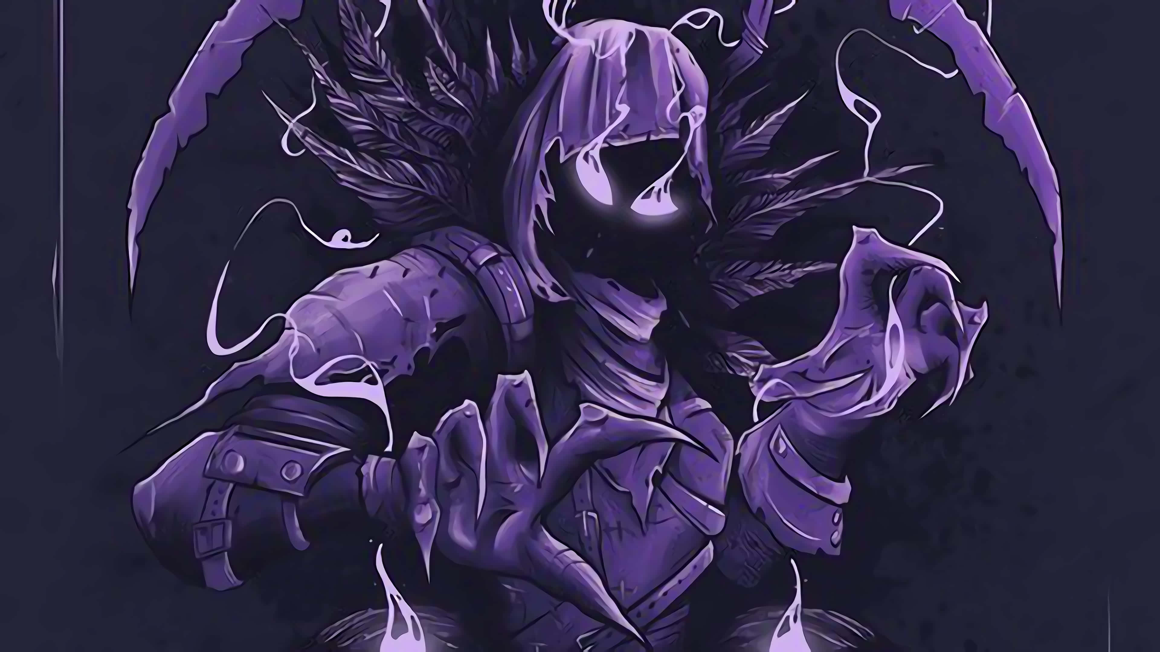 與烏鴉一同飛翔，體驗《Fortnite》全新皮膚 壁紙 — 一個穿著紫色盔甲、眼睛發光、長著羽毛翅膀的威脅性人物，在黑暗背景中若隱若現。