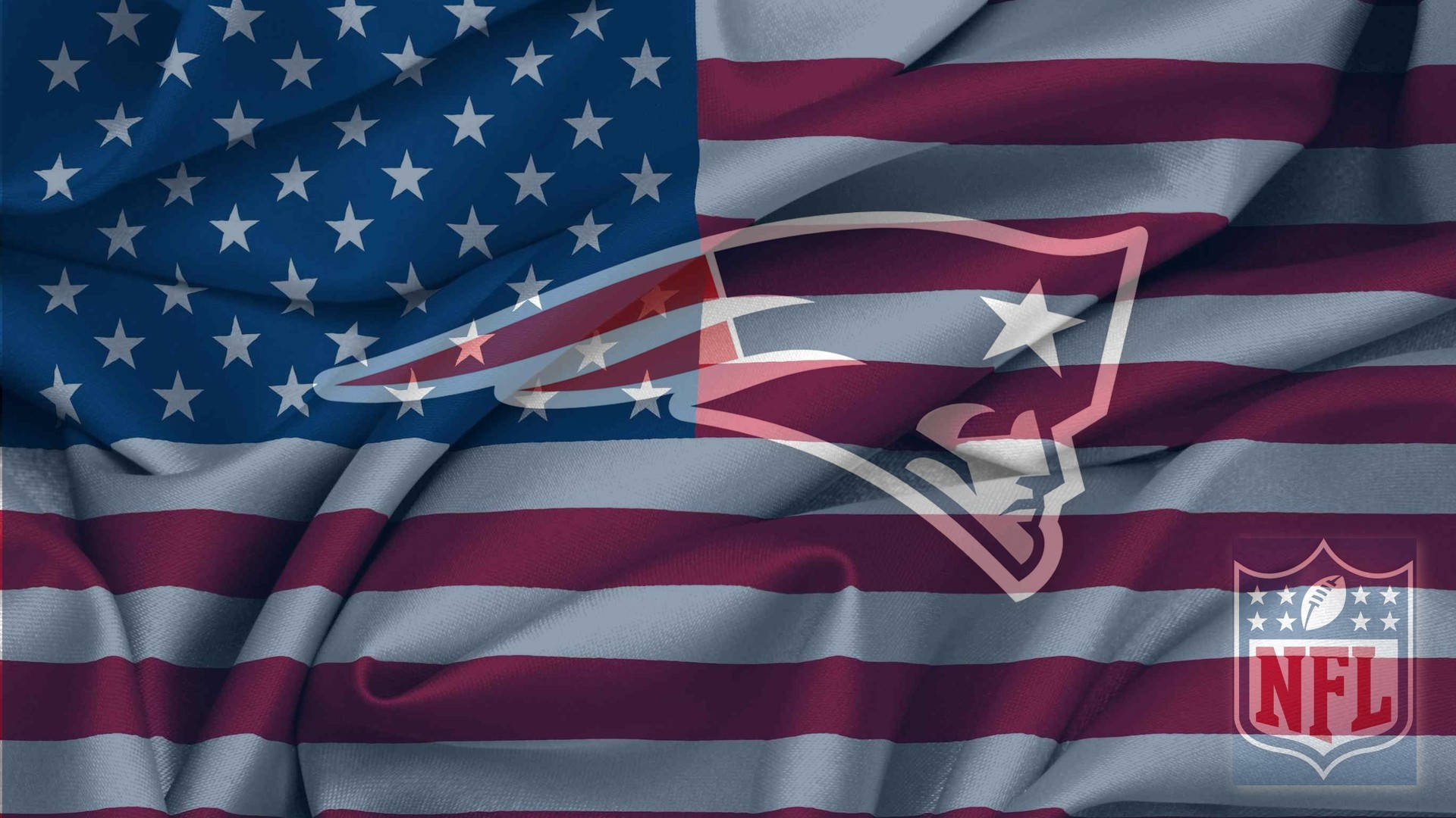 飄揚的美國國旗，帶有新英格蘭愛國者隊標誌和NFL盾牌。