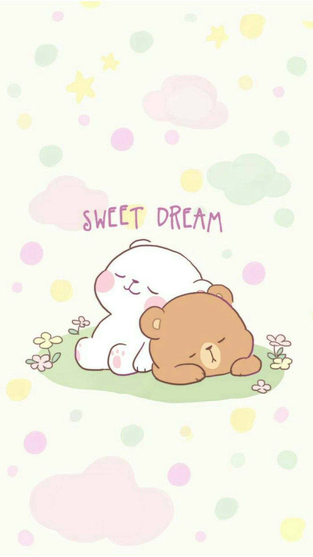兩隻卡通熊在柔軟的雲朵和星星下一起睡覺，帶有sweet dream文字。