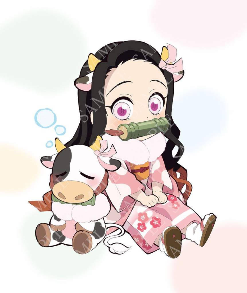 與牛相伴的鬼滅之刃禰豆子 壁紙 — 一個穿著粉紅色和服的Q版動漫女孩，抱著一個牛公仔，在柔和的粉彩背景前吹泡泡。