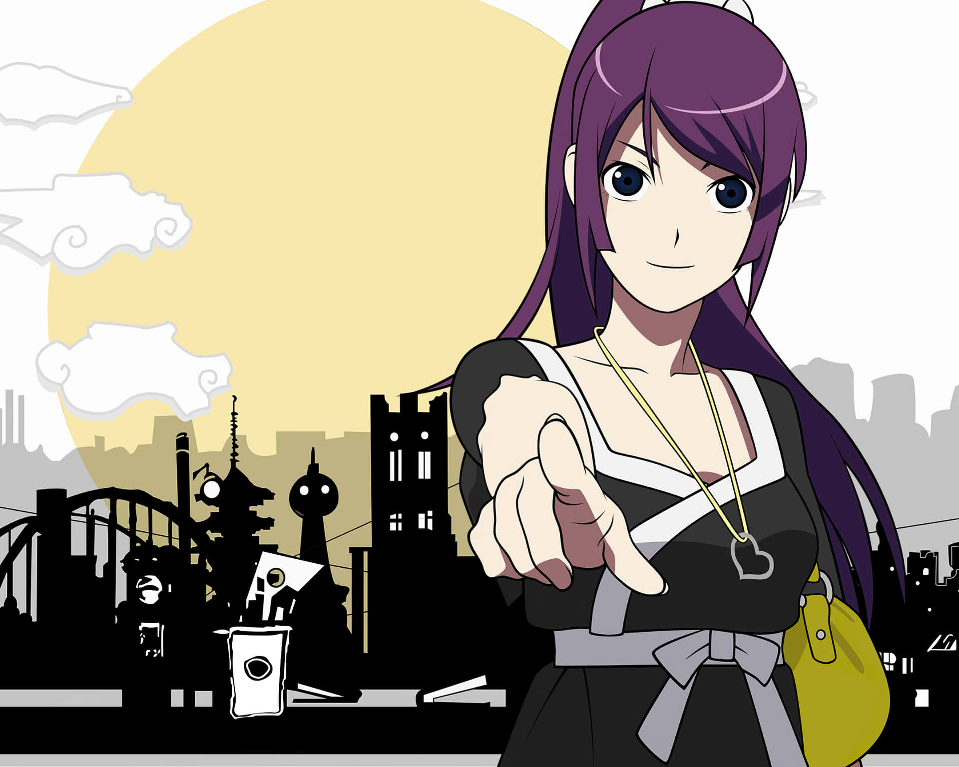 紫髮動漫女孩在日落時的城市天際線前指向觀眾。