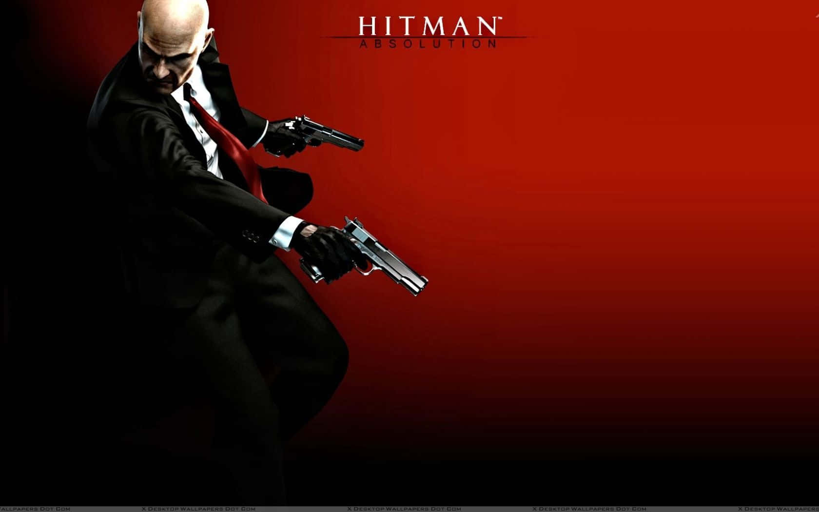 Hitman Absolution 刺客在紅色漸變背景上瞄準兩把手槍。