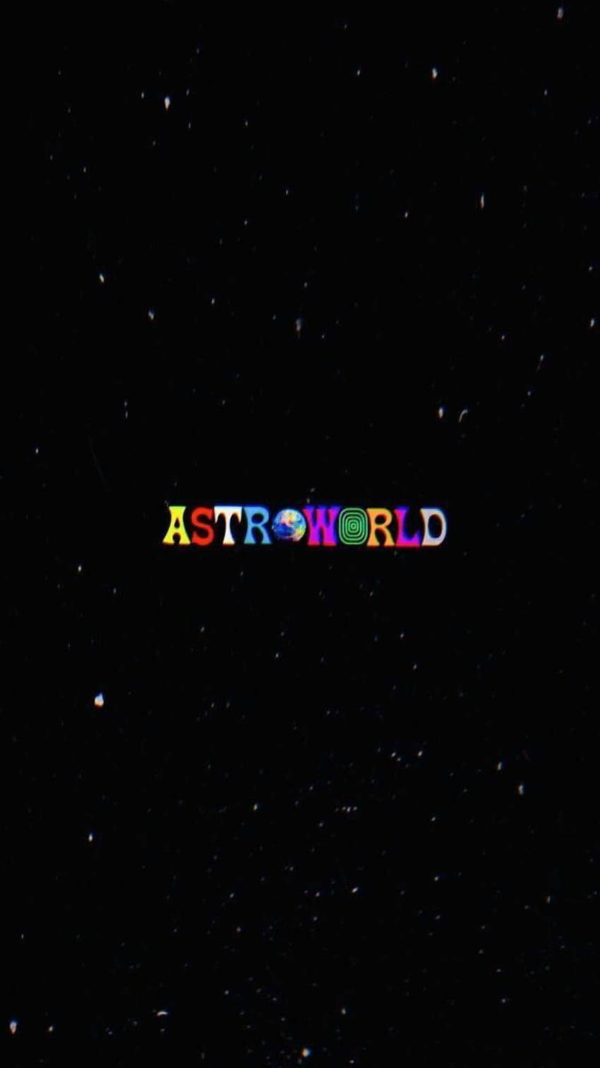 彩虹色「ASTROWORLD」文字，帶有地球儀字母，襯以星空夜空。